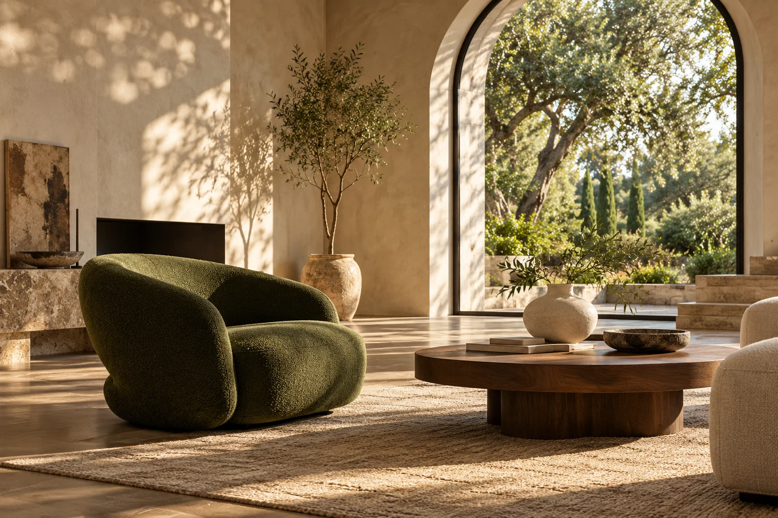 Quiet living room with natural timber and soft linen seating