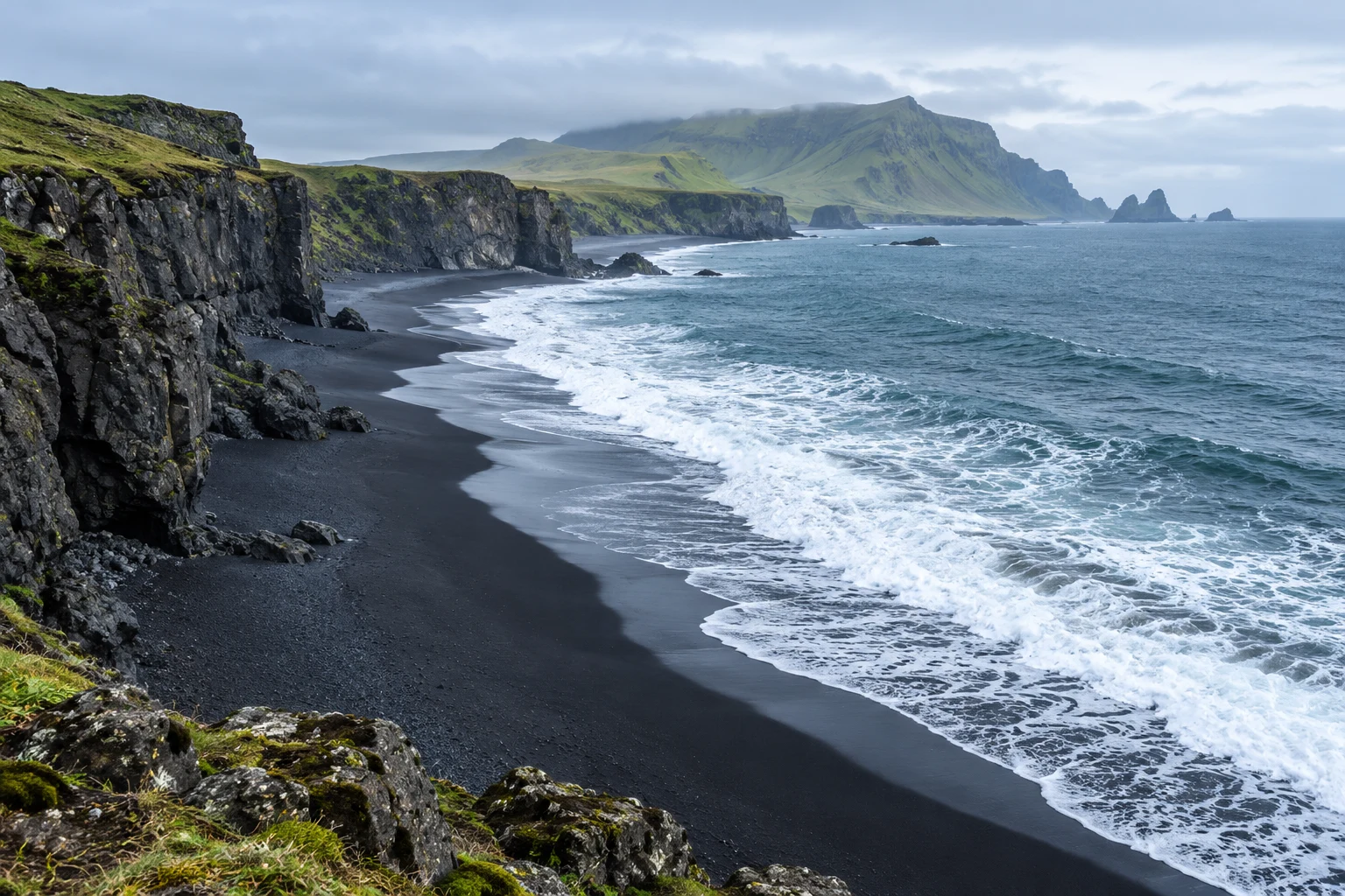 Natural black-sand coastline and ocean horizon