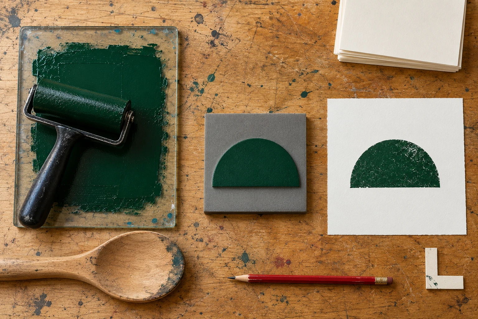 Printmaking bench with a green inked brayer, raised semicircle foam plate, wooden spoon and finished semicircle print