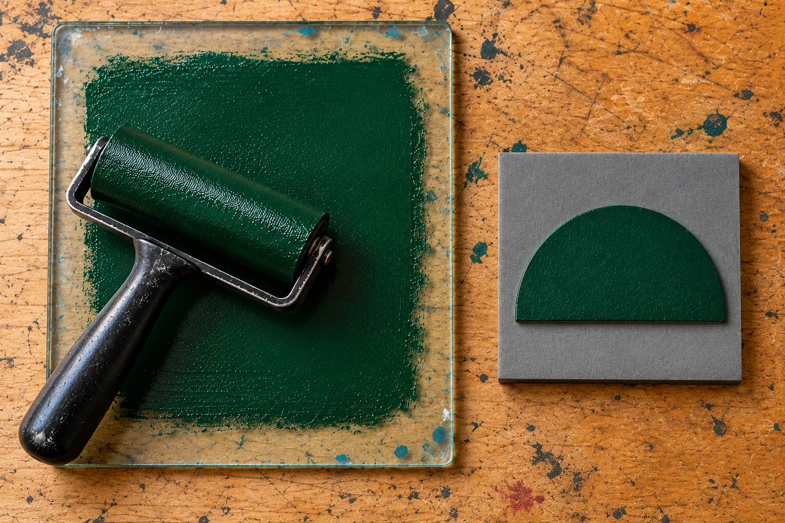 Green ink on the roller and raised foam plate