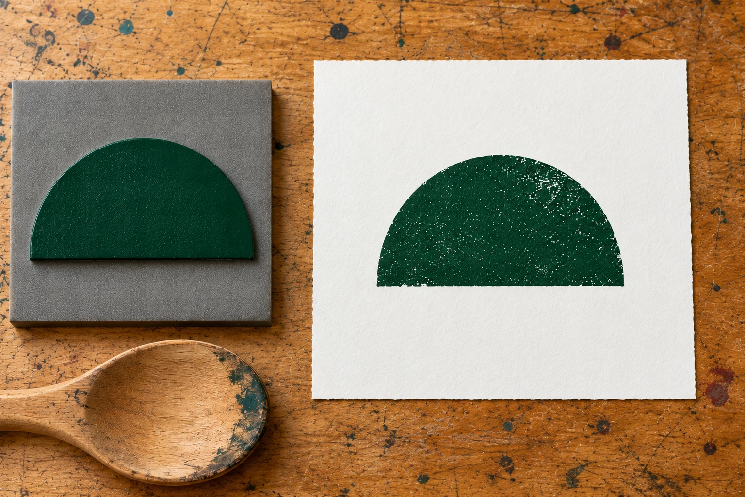 The complete cream paper sheet with a green semicircle print; pale gaps are visible within the ink, especially toward the upper right