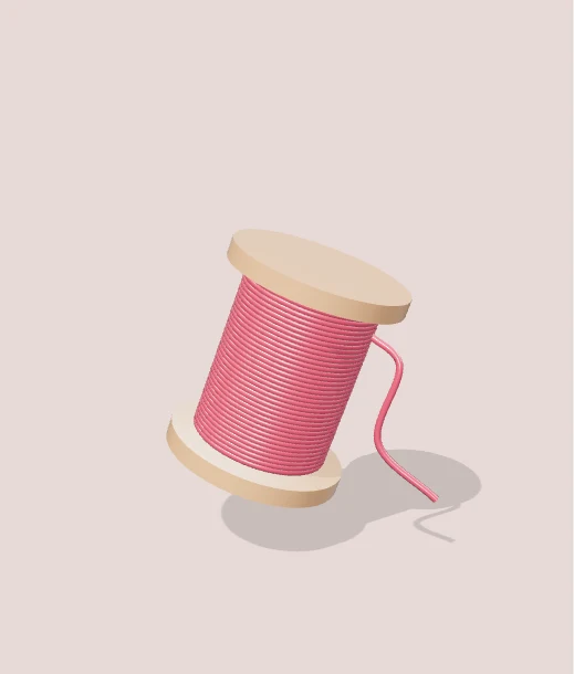 A wooden thread spool with a stretchy curved strand. Select Play to interact.