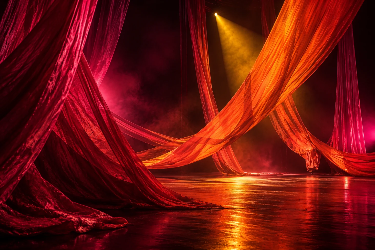 Vermilion fabric and colored light form the stage world of the fictional performance In the Same Room.