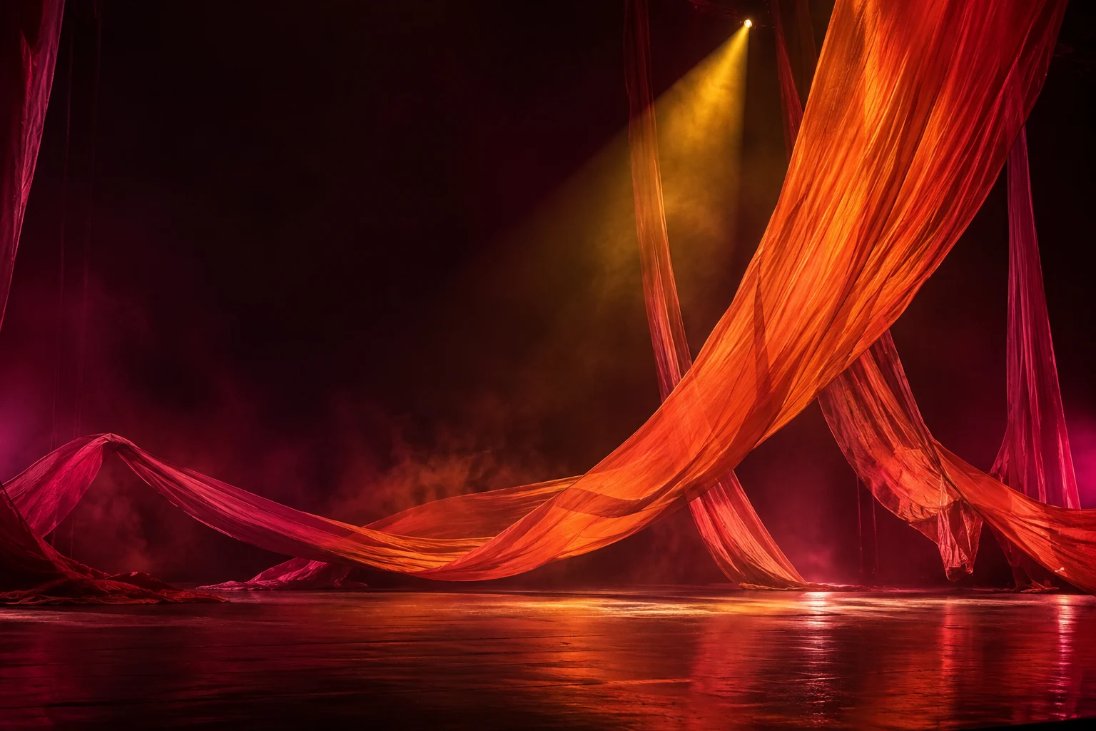 Vermilion fabric and colored light form the stage world of the fictional performance In the Same Room.