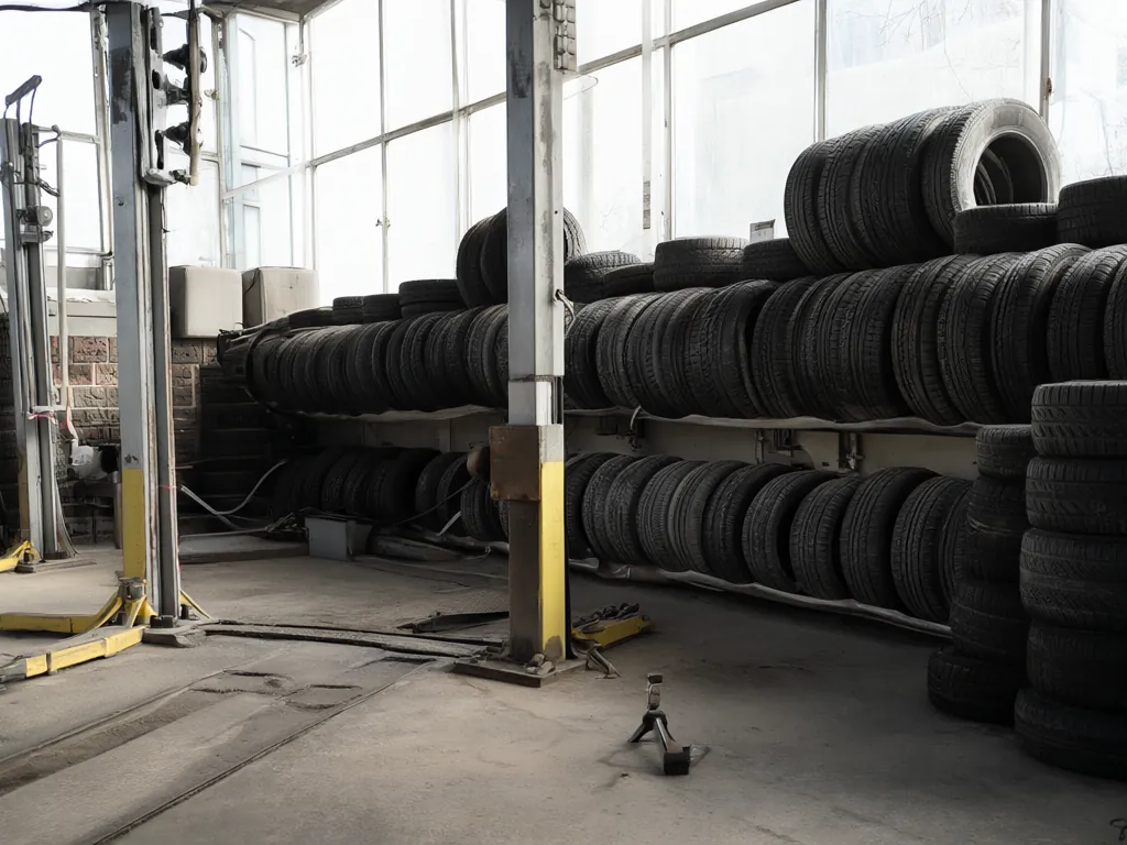 A row of tires stacked along the wall of a clean, bright service bay.