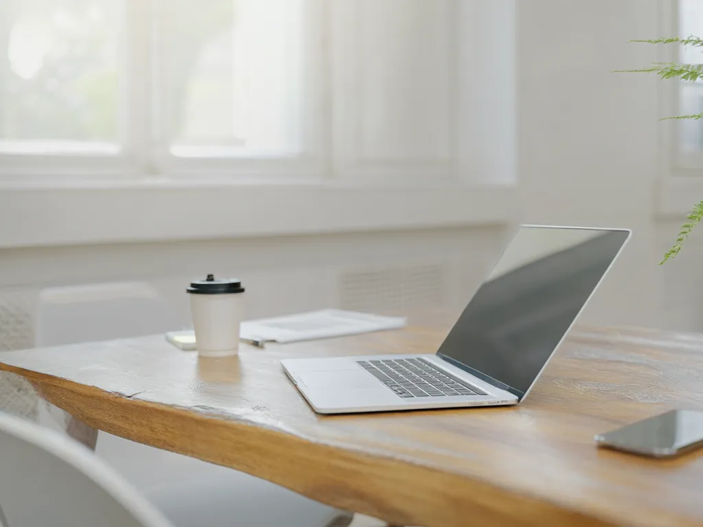 A travel agent at a desk with a laptop, a coffee cup and a potted fern.