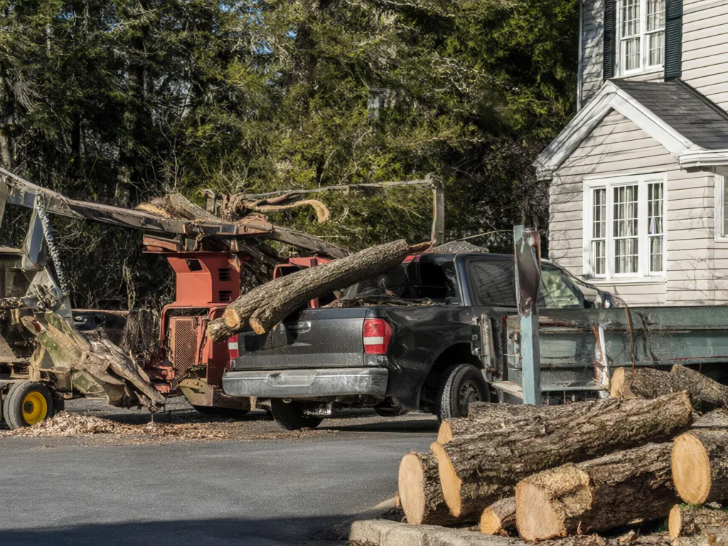 A pickup truck with a wood chipper parked beside a house, with cut logs stacked at the curb.