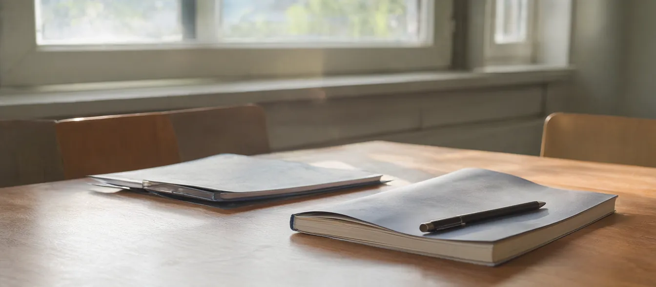 A quiet study room with a long wooden table, notebooks and a window letting in afternoon light.