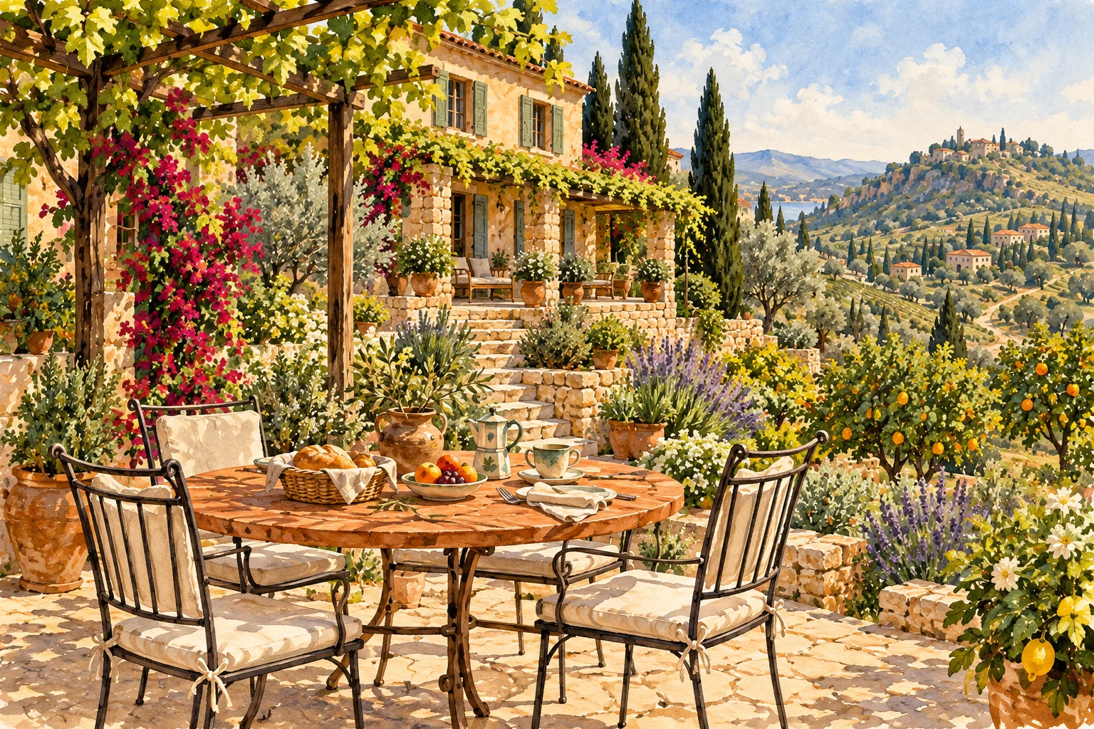 Hand-painted breakfast on Veranda’s round terrace table, with bread, fruit, ceramic coffee pot and the house beyond.