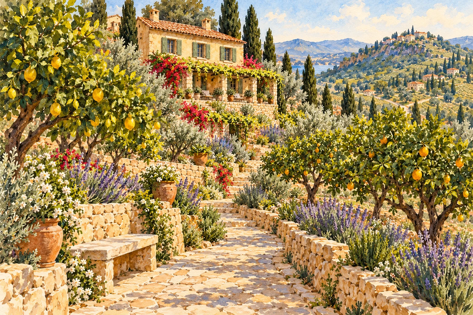 Painted citrus orchard path, honey-stone walls and the same ochre Veranda guesthouse above.