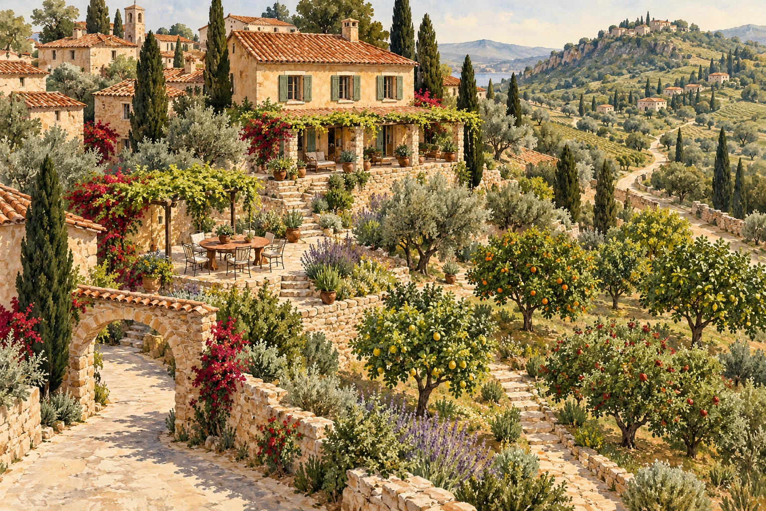 Hand-painted hill village: a stone arrival arch, citrus orchard, breakfast terrace and ochre guesthouse with a winding route beyond.