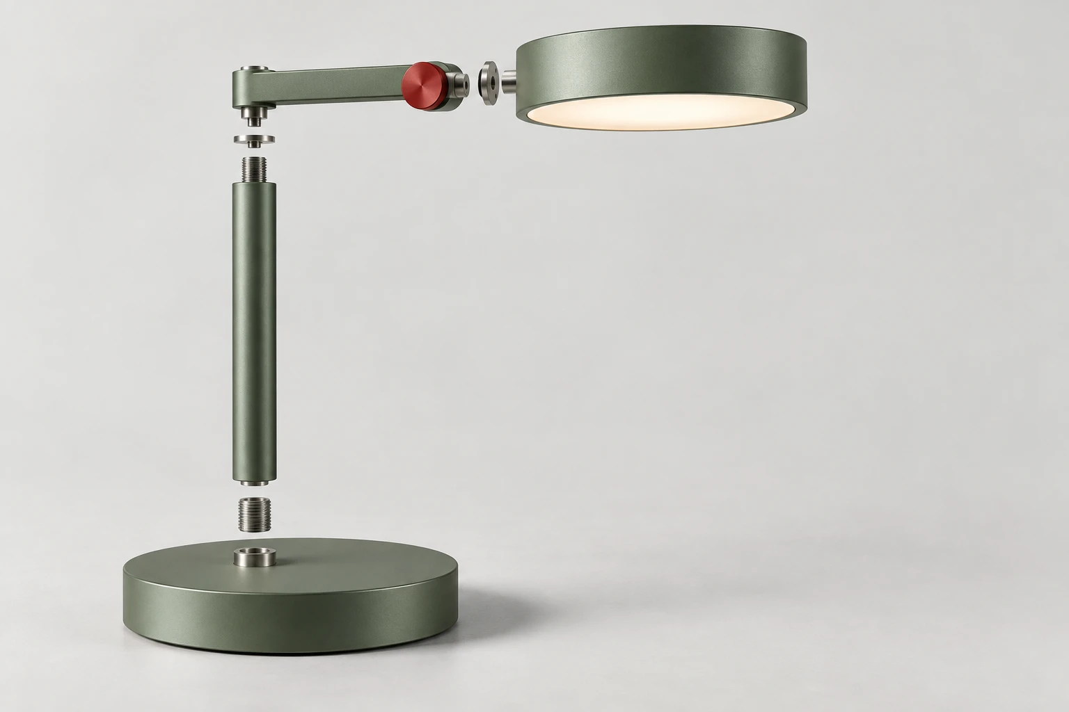 Exploded sage task light showing head, pivot arm, vertical mast and circular base separated at their connections