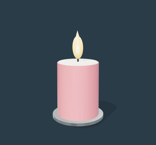 A sculptural candle with a springy stylized flame. Select Play to interact.
