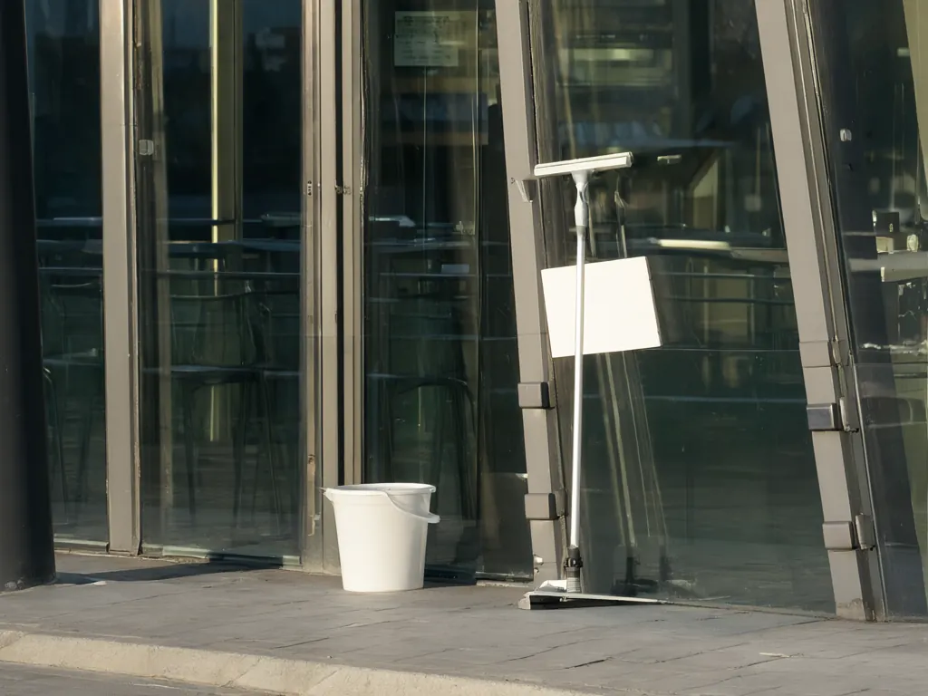 A window cleaner on a ladder washing the tall glass front of a shop.